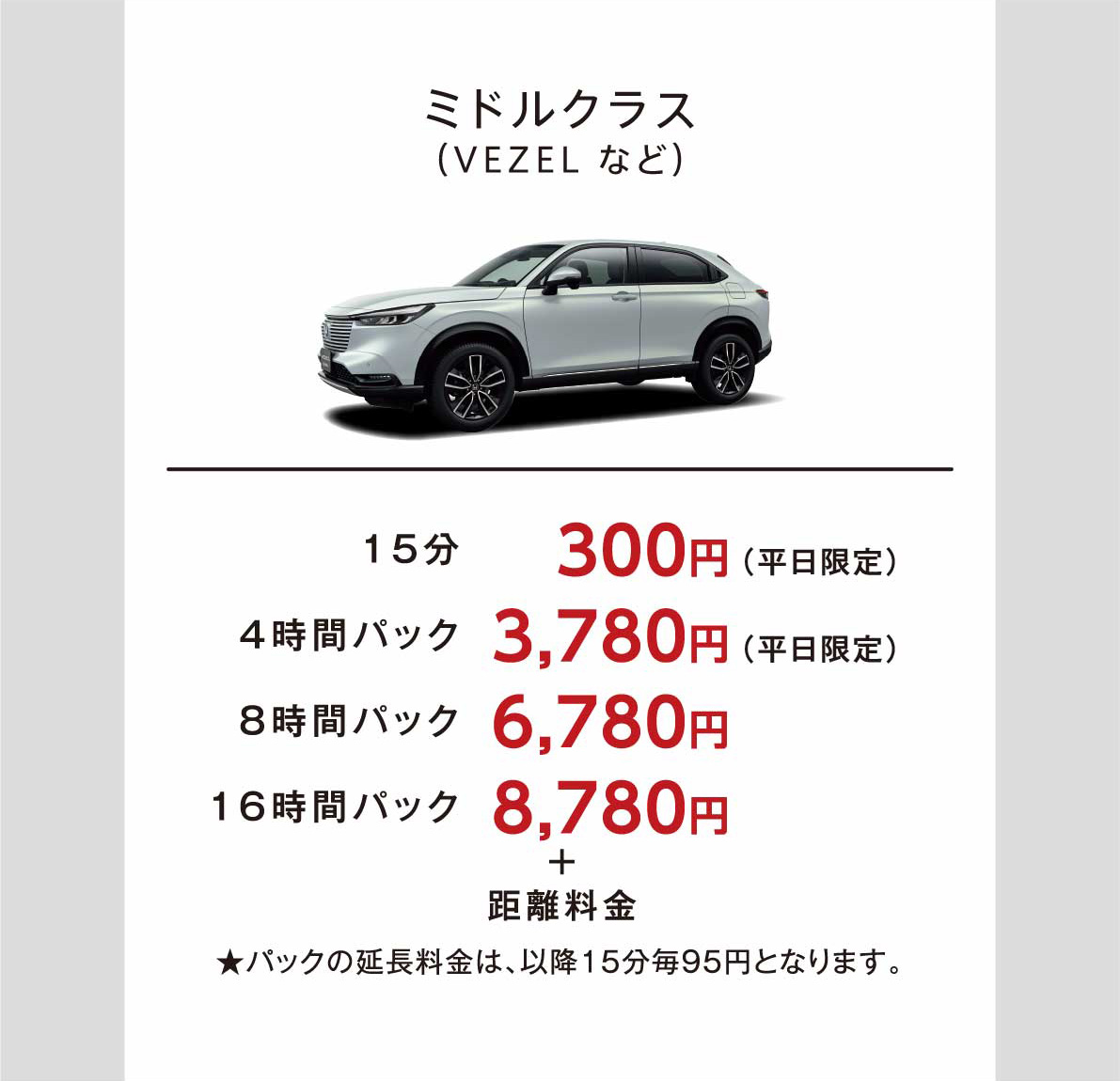 ミドルクラス(VEZELなど)　15分300円(平日限定)　4時間パック3780円(平日限定　8時間パック6780円　16時間パック8780円　プラス距離料金