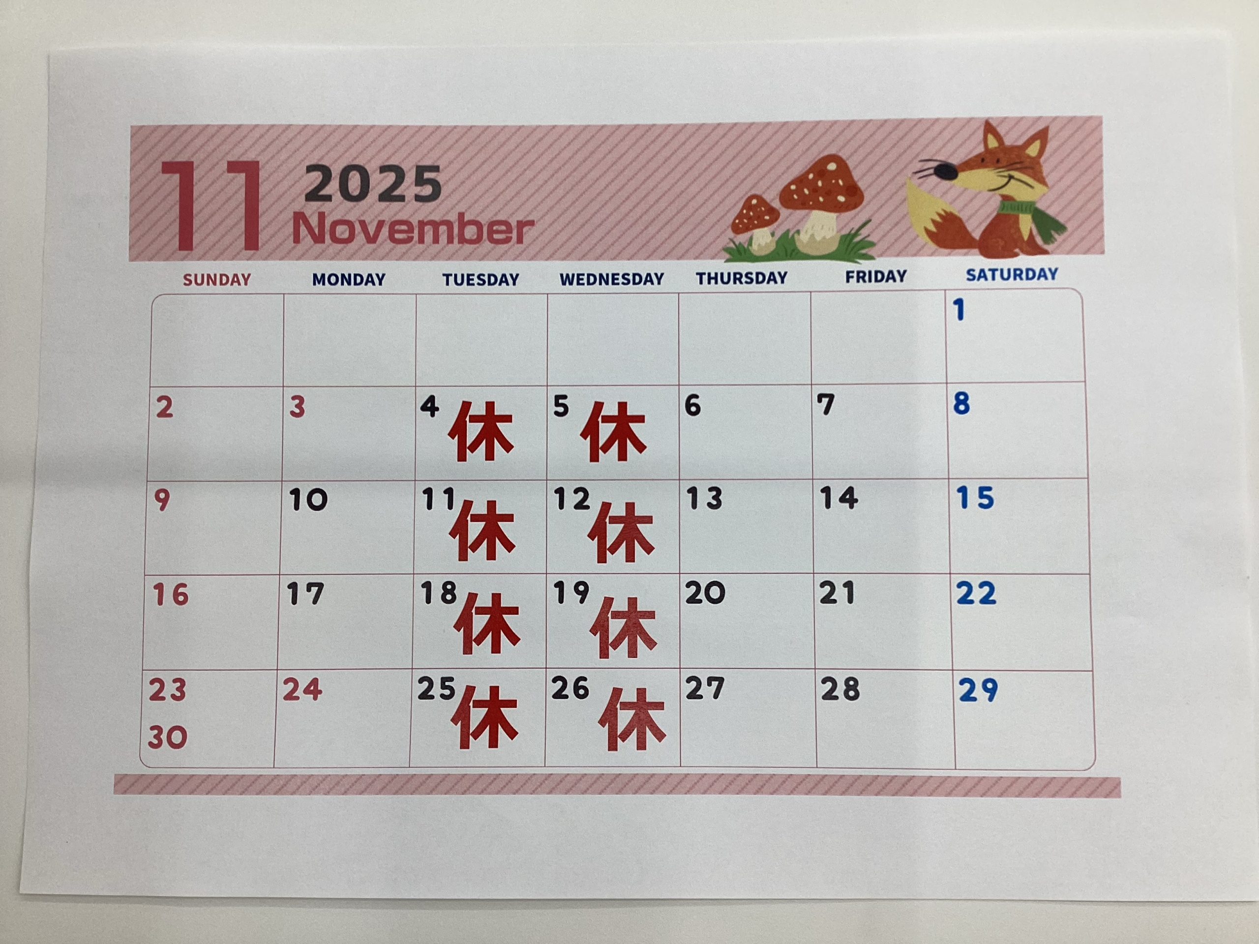 「八代南店・11月カレンダー」